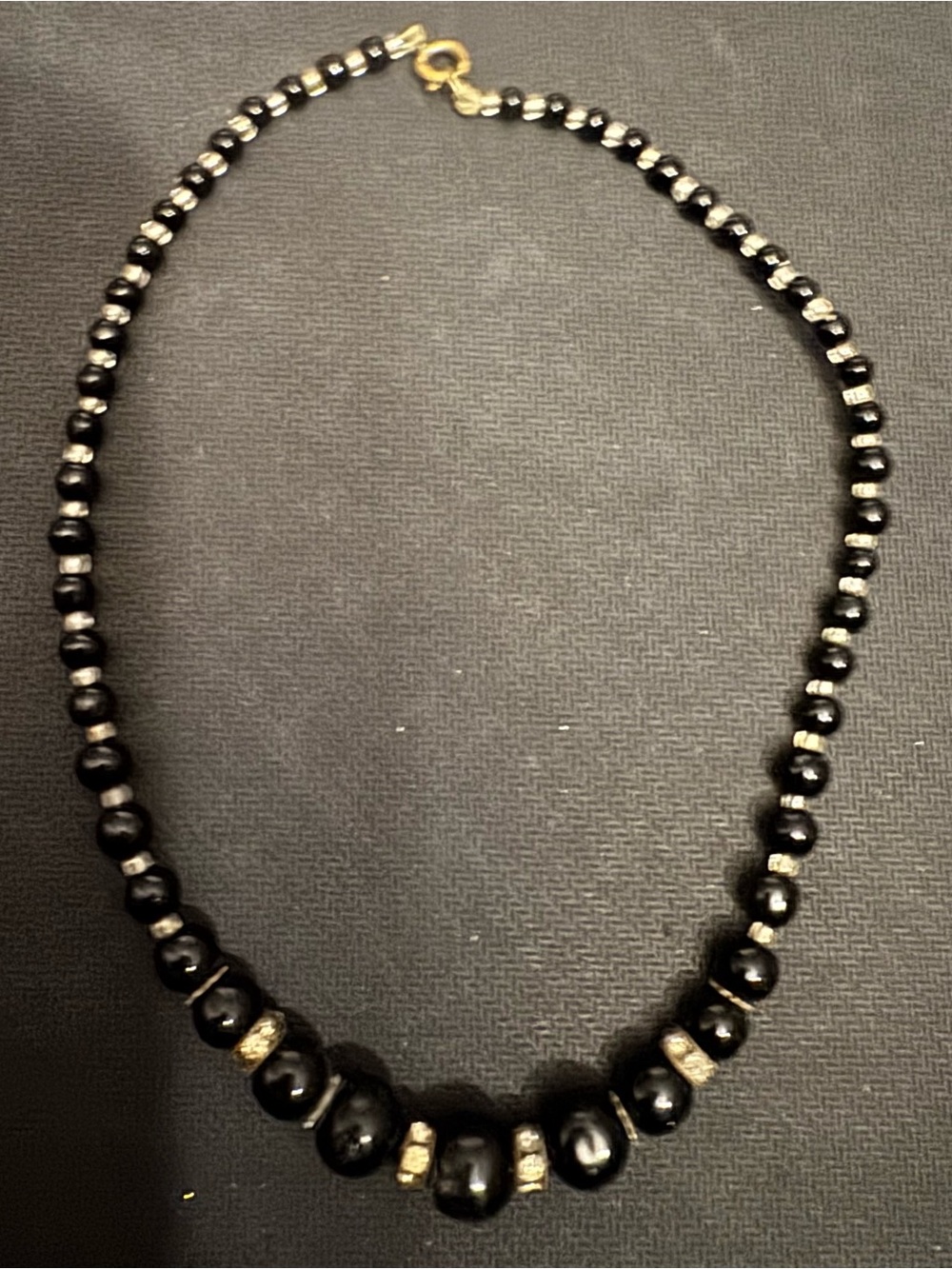 Vintage Black Glass & Rhinestone Beaded Necklace